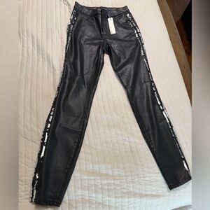 Black Sequin Trim Women Faux Leather pants